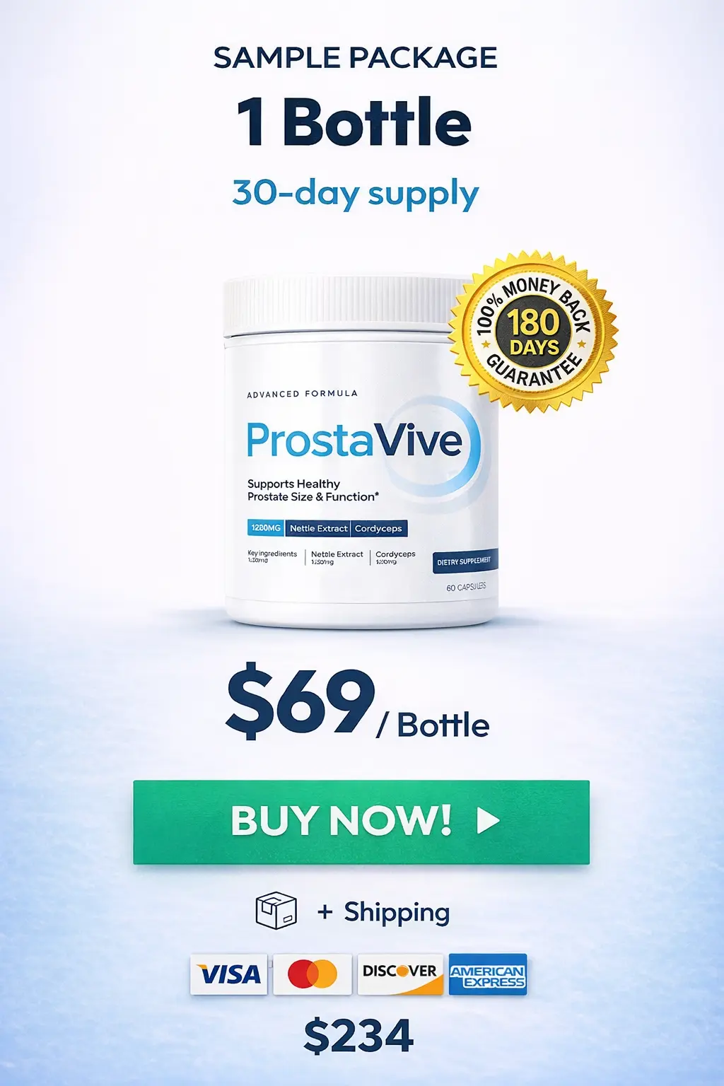 ProstaVive 1 bottle sample package — 30-day supply, $69 per bottle, 180-day money back guarantee seal, buy ProstaVive single bottle official website