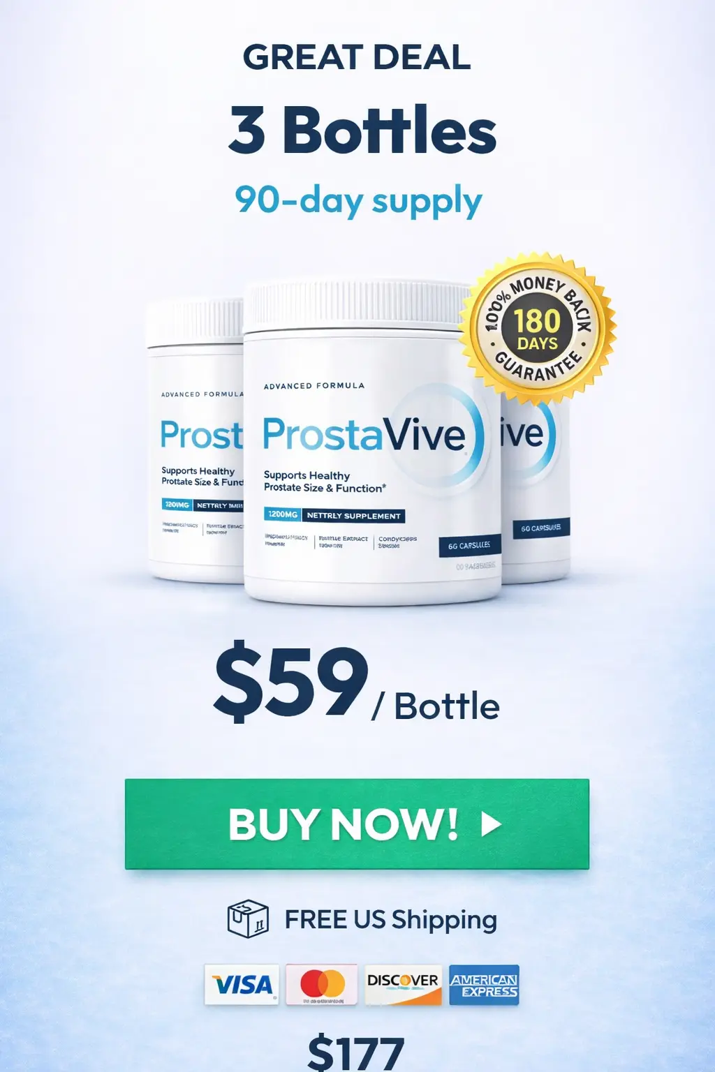 ProstaVive 3 bottles great deal — 90-day supply, $59 per bottle, $177 total, free US shipping, 180-day money back guarantee