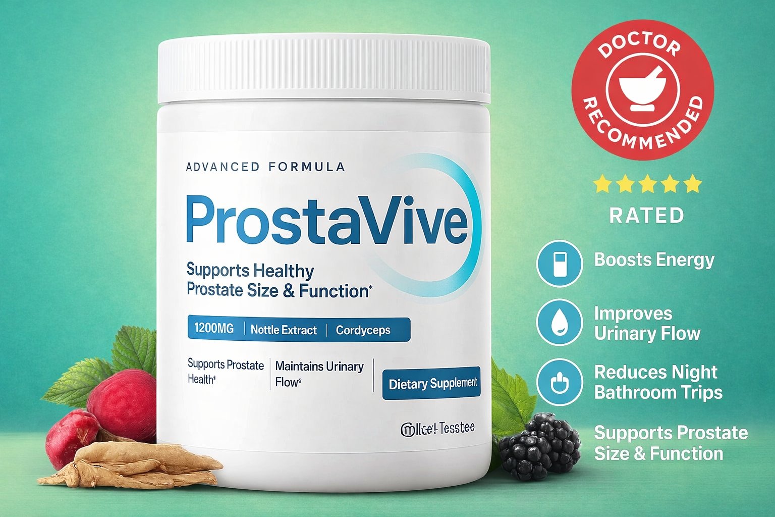 ProstaVive Advanced Formula bottle — natural prostate supplement, Supports Healthy Prostate Size and Function, 1200MG, Nettle Extract, Cordyceps, Doctor Recommended