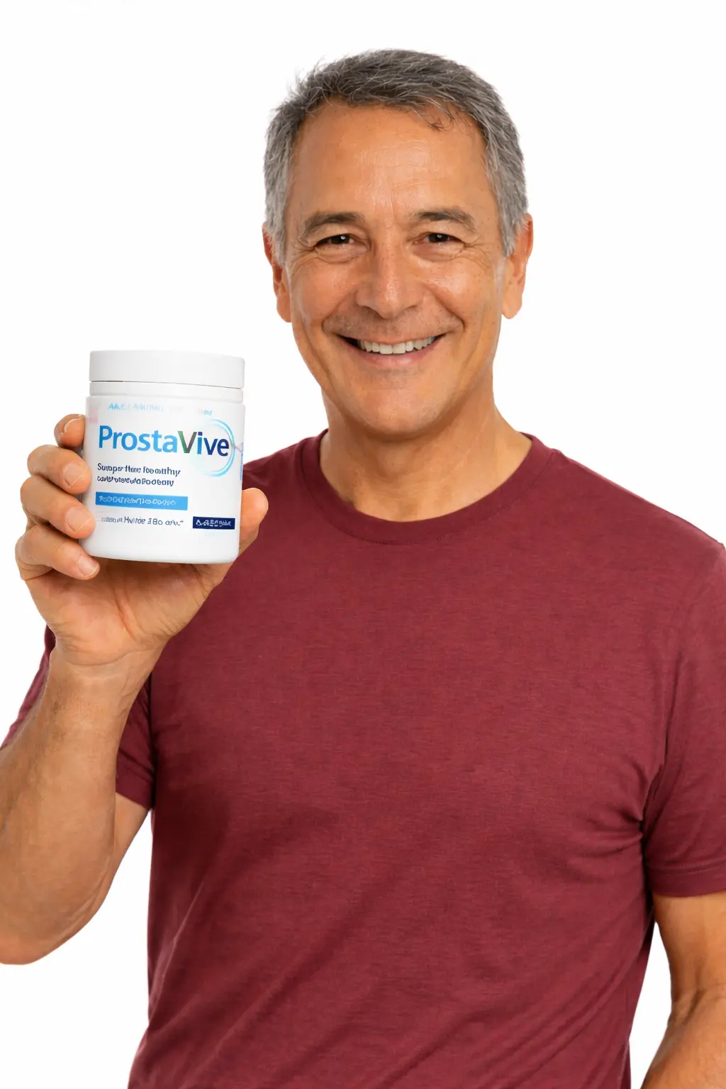 ProstaVive customer review — David L. age 63, man in red shirt holding ProstaVive supplement, verified customer improved urinary flow testimonial