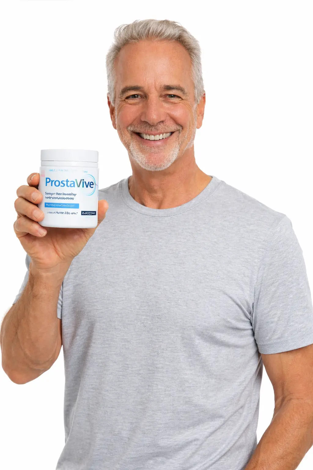 ProstaVive customer review — James K. age 55, man in grey shirt smiling with ProstaVive supplement, 5-star verified customer prostate health results