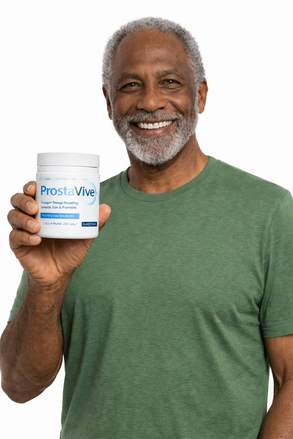ProstaVive customer review — Robert M. age 58, man in green shirt holding ProstaVive bottle, verified customer testimonial, improved sleep and energy after using ProstaVive